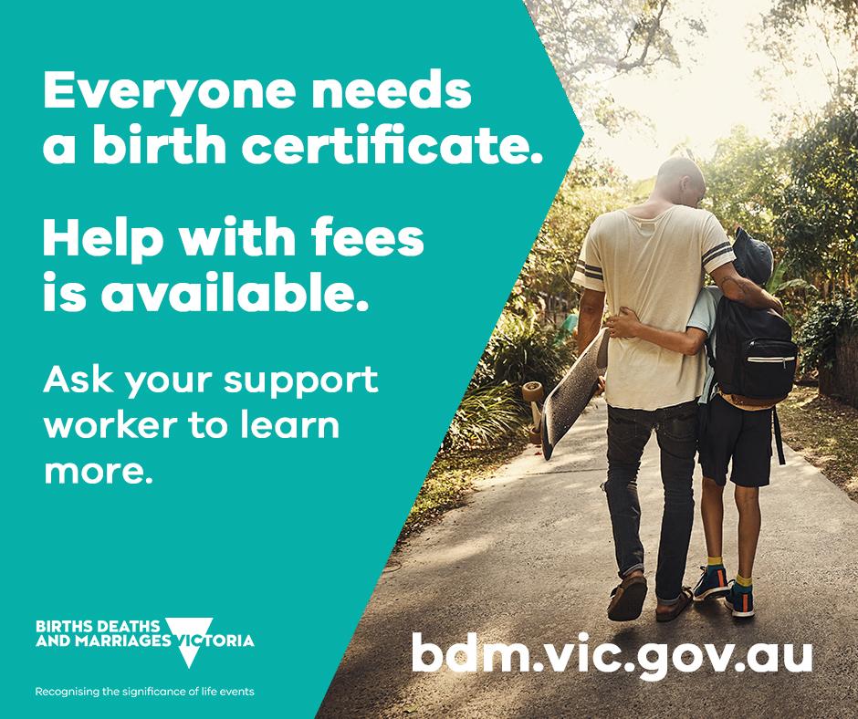 Social media tile: Everyone needs a birth certificate. Help with fees is available.