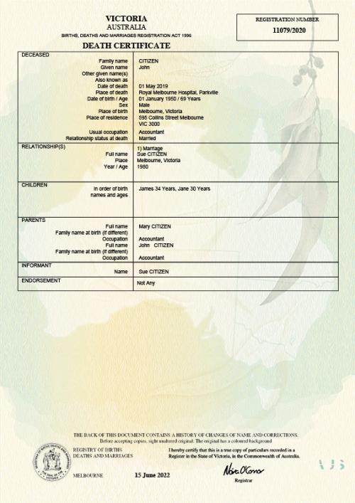 Victorian death certificate (without cause of death)