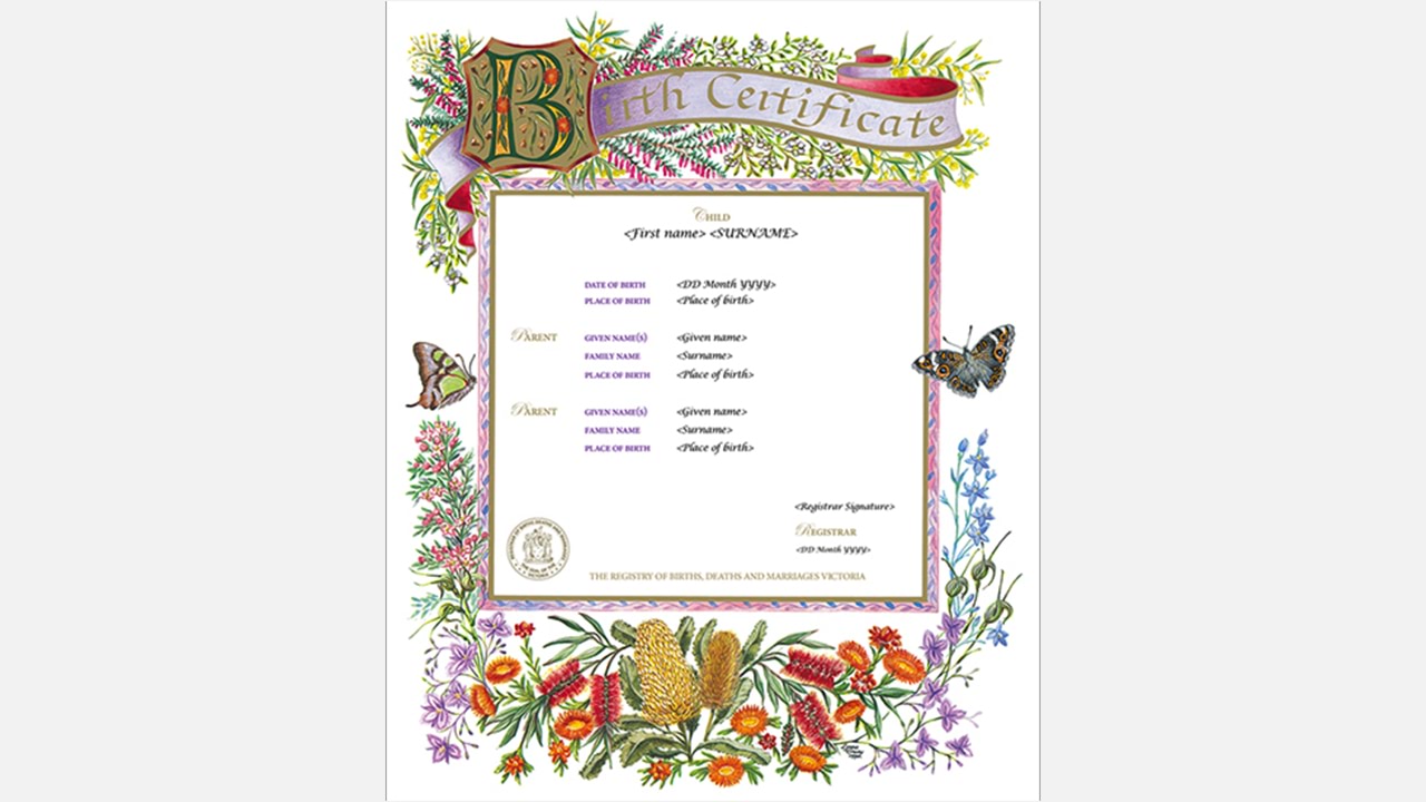 The Victorian Flora commemorative birth certificate has been superbly painted by award-winning artist Lynne Tracey in the style of an illuminated address of the 19th Century. It features exquisitely detailed Victorian flora and is accompanied by a description of the flora.