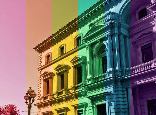 Melbourne's Old Treasury Building rendered with a rainbow layer over it