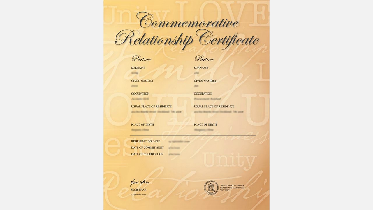 Commemorative relationship certificate printed in cursive script on warm honey-toned paper. It has a watermark background featuring words like 'love', 'family' and 'unity'.