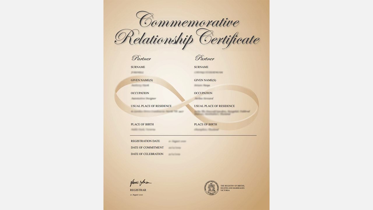 Commemorative relationship certificate printed in cursive script on sepia-toned paper