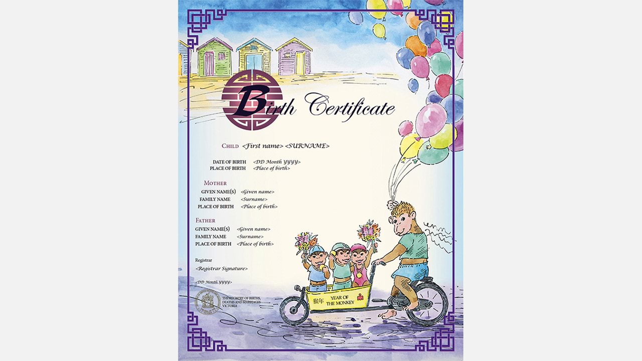 Those born in the Year of the Monkey are said to be humorous, popular and confident. The certificate combines Chinese design elements with a Victorian beach scene. Young monkeys celebrate an Australian iron-man event, connecting the design with the birth theme. The background features Melbourne's iconic Brighton Beach Huts.